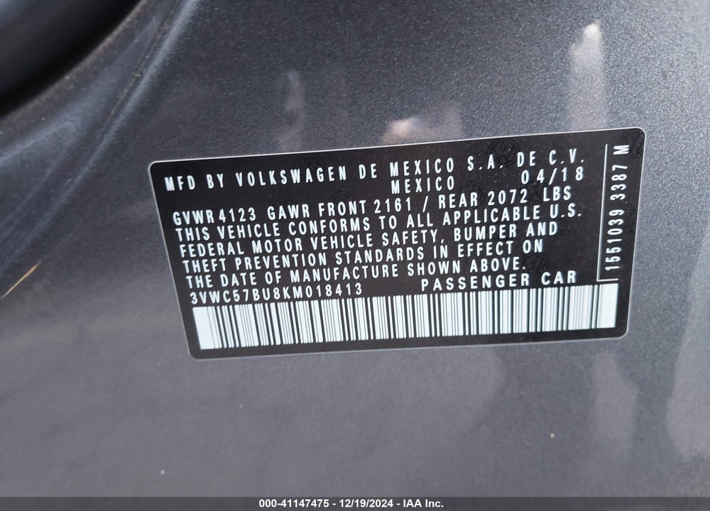 2019 VOLKSWAGEN JETTA VIN: 3VWC57BU8KM018413