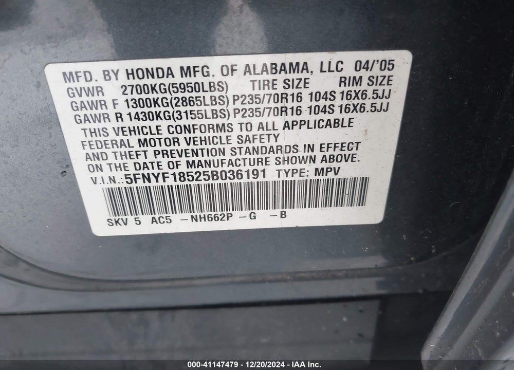 2005 HONDA PILOT EX-L VIN: 5FNYF18525B036191