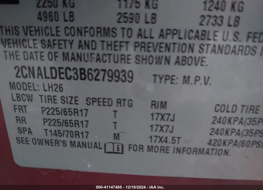 2011 CHEVROLET EQUINOX 1LT VIN: 2CNALDEC3B6279939