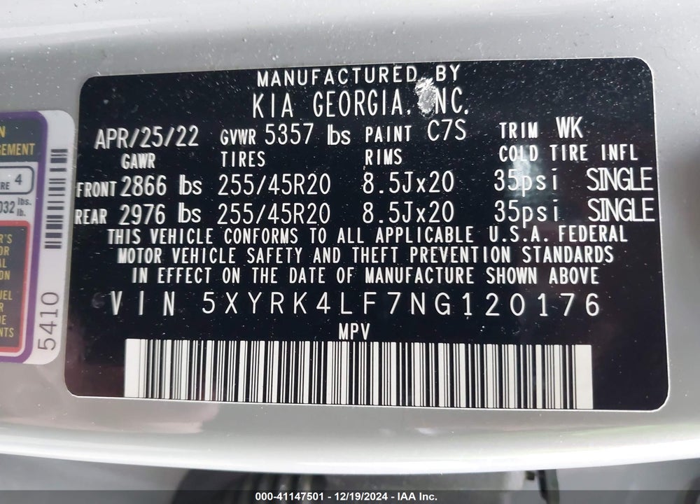 2022 KIA SORENTO SX VIN: 5XYRK4LF7NG120176