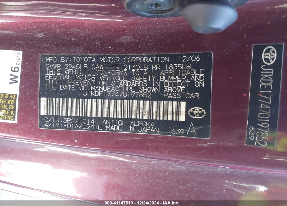 2007 SCION TC VIN: JTKDE177470197852