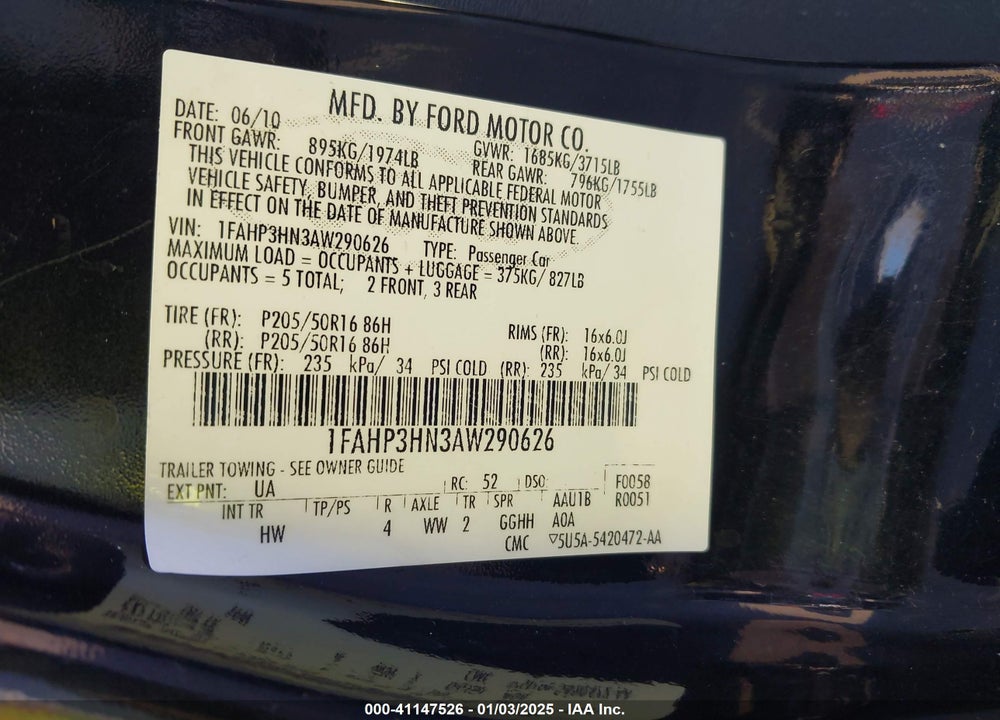 2010 FORD FOCUS VIN: 1FAHP3HN3AW290626