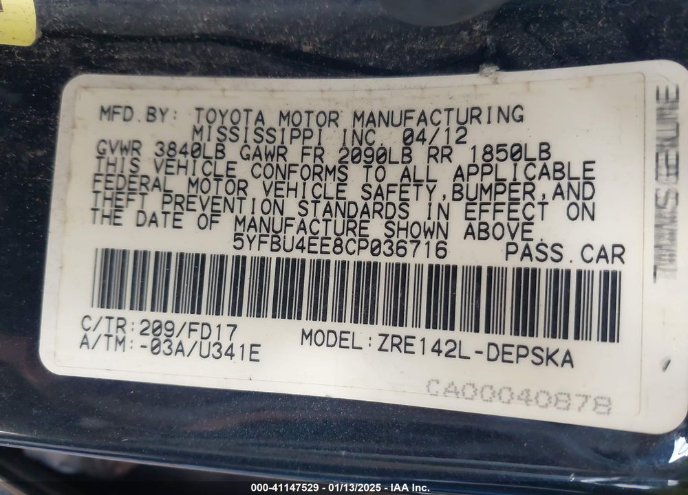 2012 TOYOTA COROLLA S VIN: 5YFBU4EE8CP036716