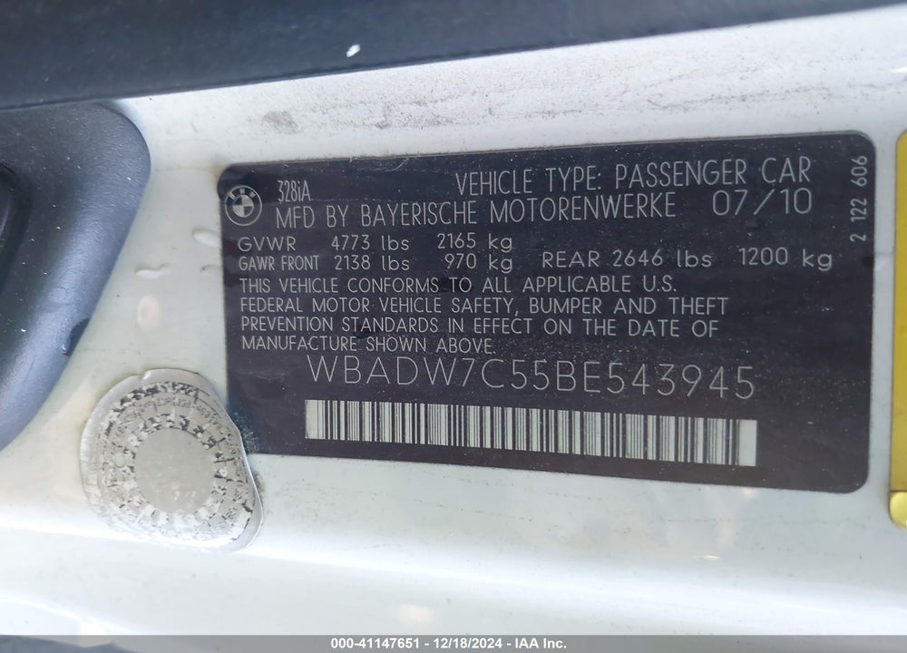 2011 BMW 328I VIN: WBADW7C55BE543945
