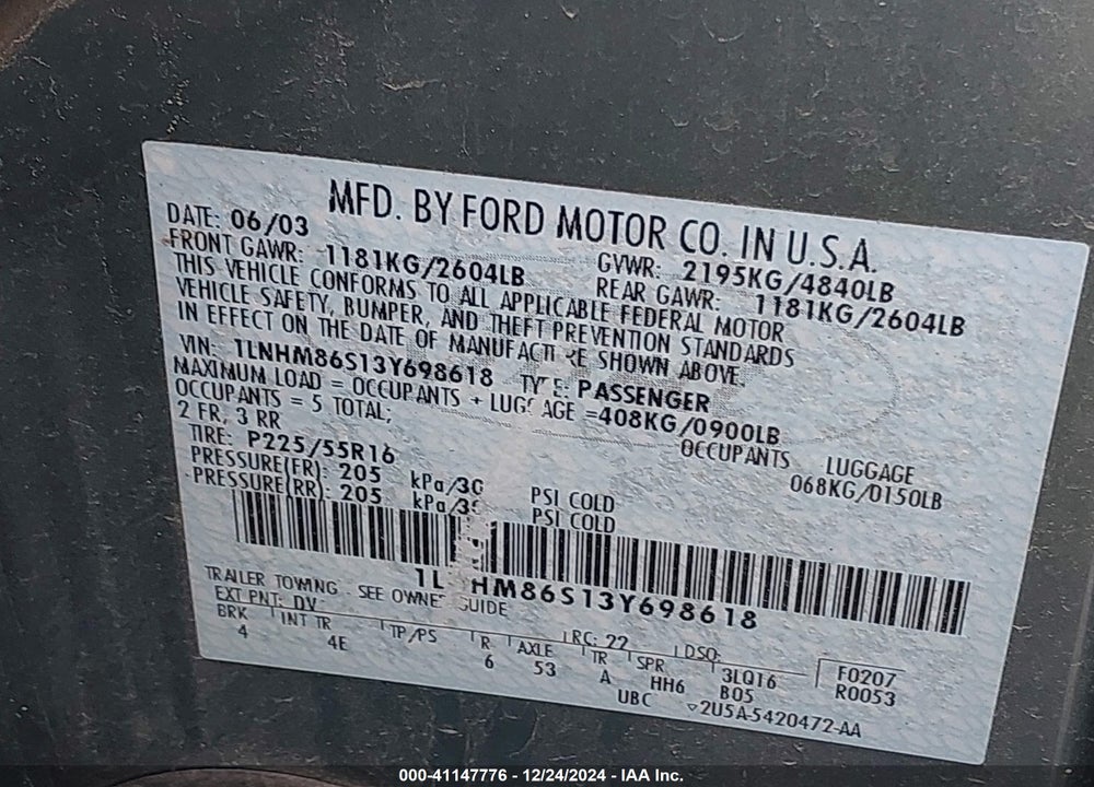 2003 LINCOLN LS V6 VIN: 1LNHM86S13Y698618