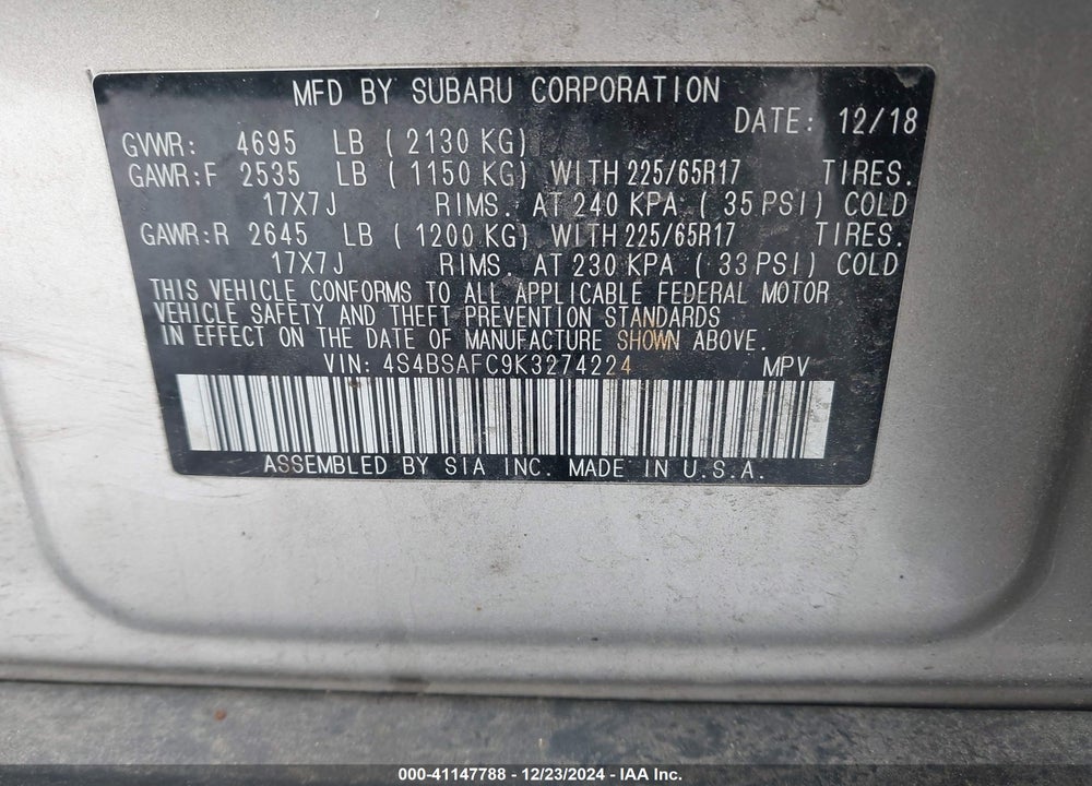 2019 SUBARU OUTBACK 2.5I PREMIUM VIN: 4S4BSAFC9K3274224