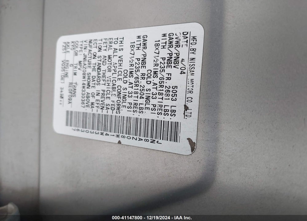 2004 NISSAN MURANO SL VIN: JN8AZ08W14W330367