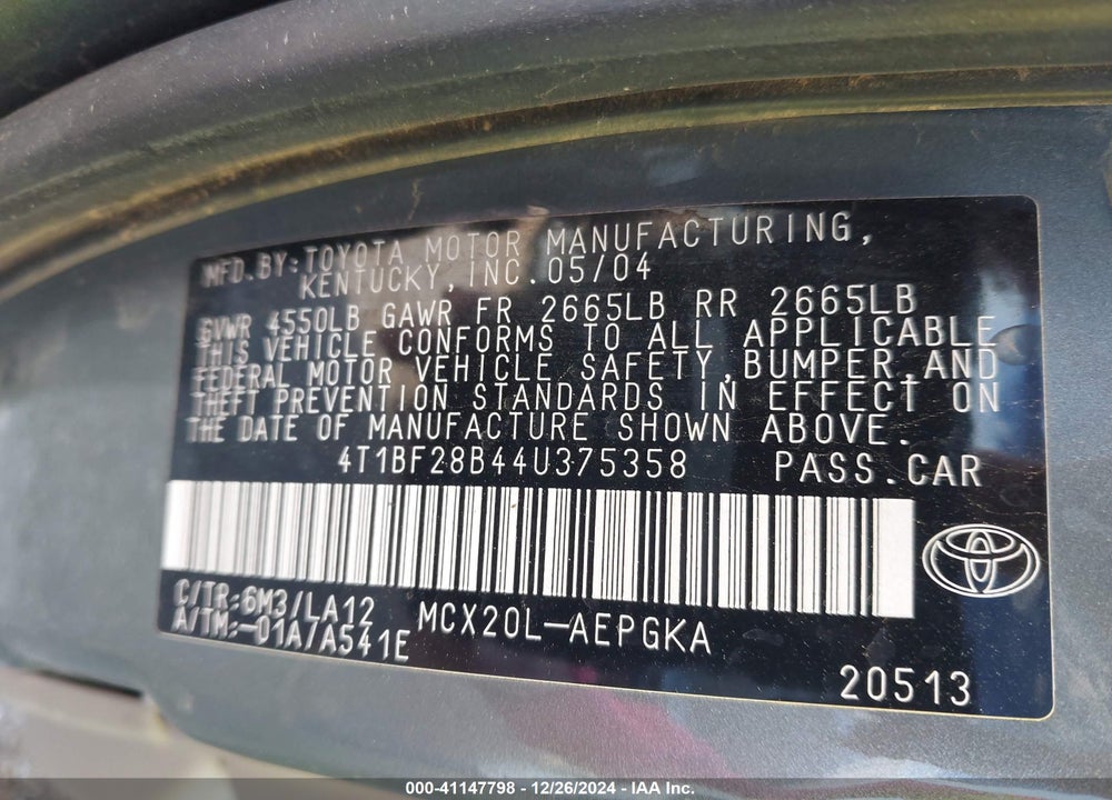 2004 TOYOTA AVALON XLS VIN: 4T1BF28B44U375358