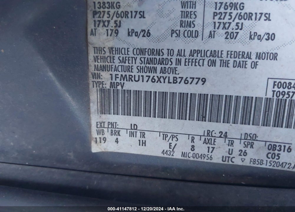 2000 FORD EXPEDITION EDDIE BAUER VIN: 1FMRU176XYLB76779
