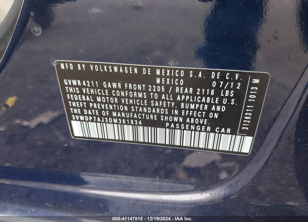 2013 VOLKSWAGEN JETTA 2.5L SE VIN: 3VWDP7AJ3DM361834