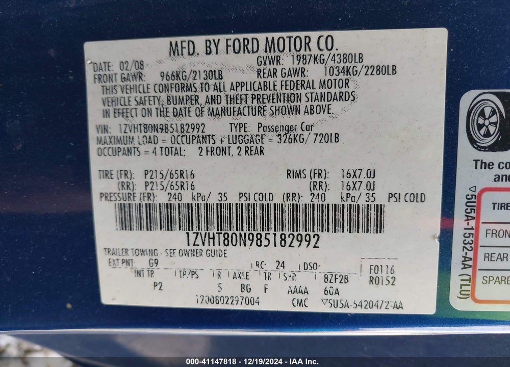 2008 FORD MUSTANG V6 DELUXE/V6 PREMIUM VIN: 1ZVHT80N985182992