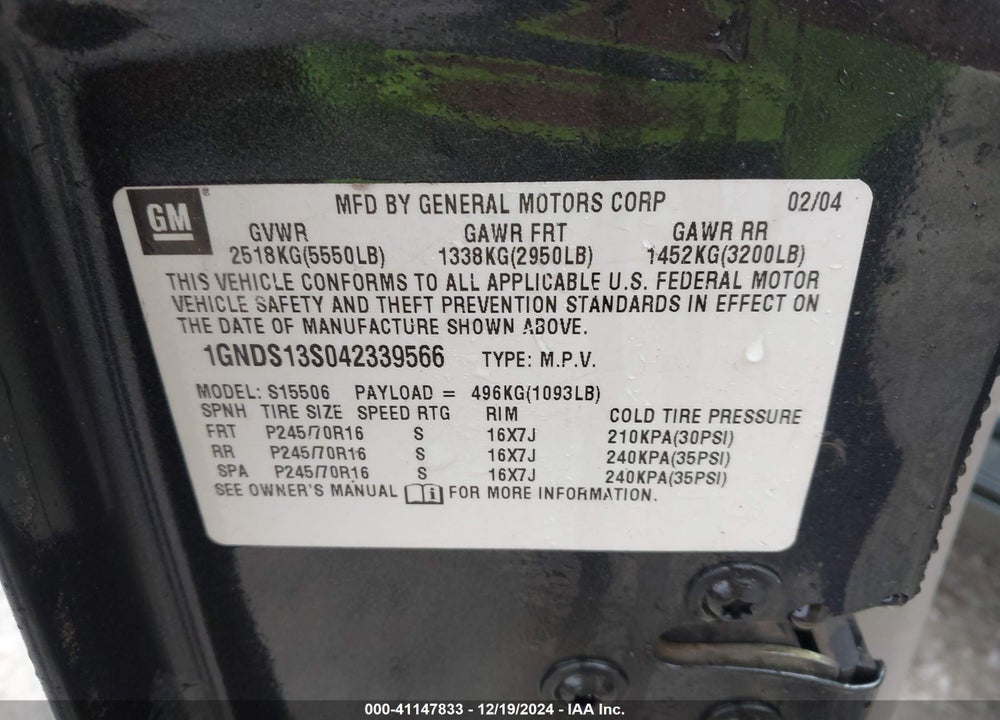 2004 CHEVROLET TRAILBLAZER LS VIN: 1GNDS13S042339566