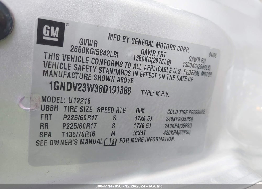 2008 CHEVROLET UPLANDER VIN: 1GNDV23W38D191388