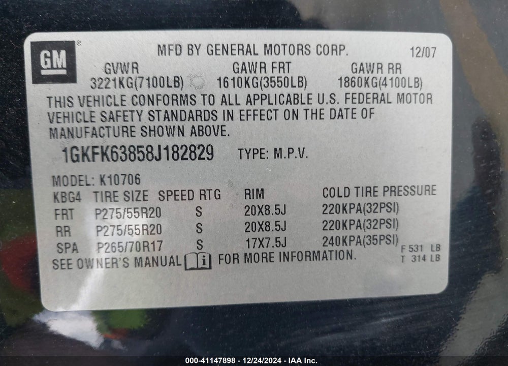 2008 GMC YUKON DENALI VIN: 1GKFK63858J182829