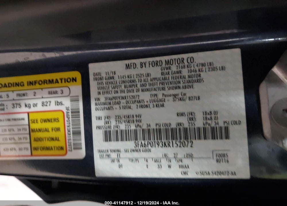 2019 FORD FUSION SE VIN: 3FA6P0T93KR152072