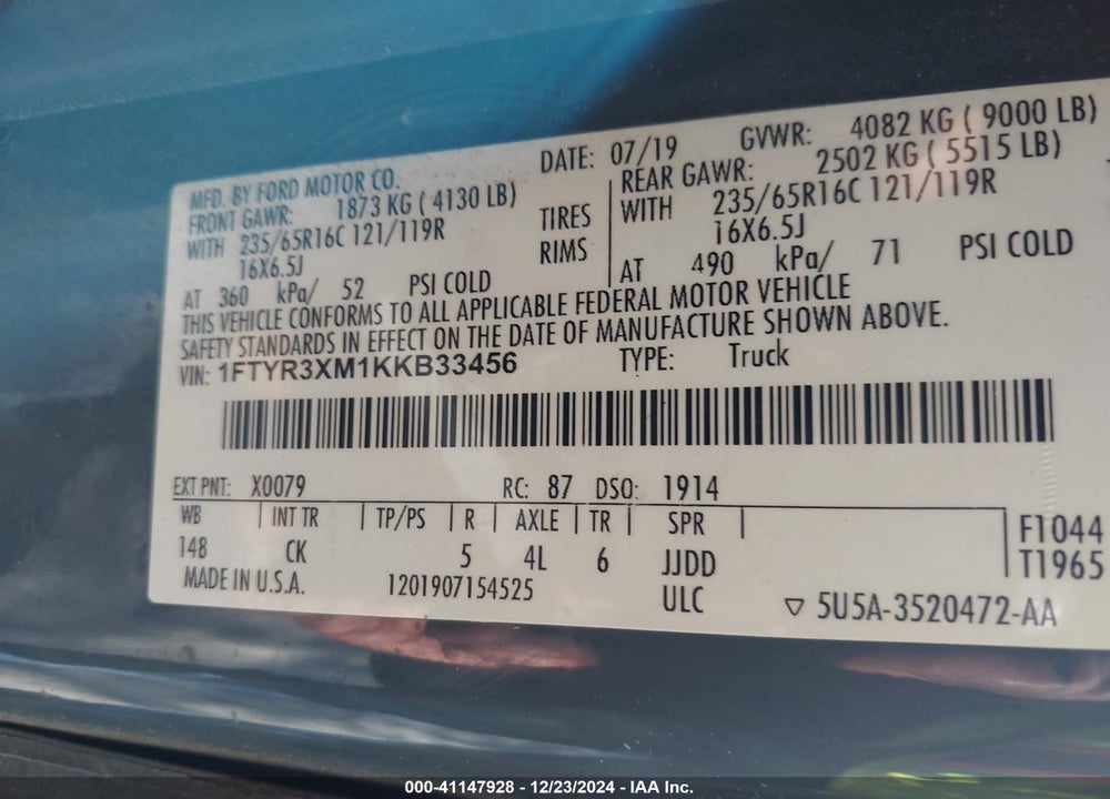 2019 FORD TRANSIT-250 VIN: 1FTYR3XM1KKB33456