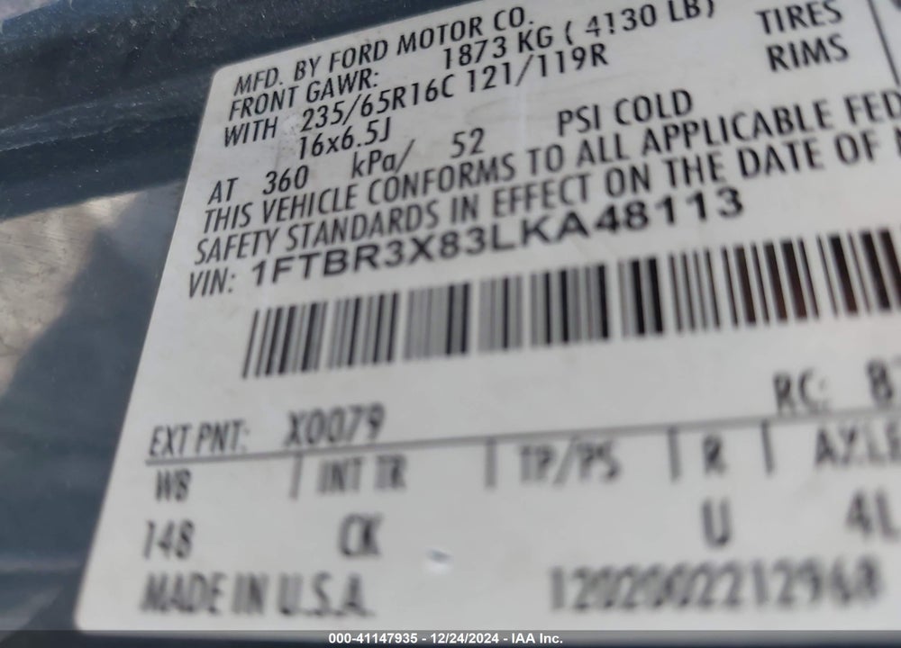 2020 FORD TRANSIT-250 CARGO VAN VIN: 1FTBR3X83LKA48113