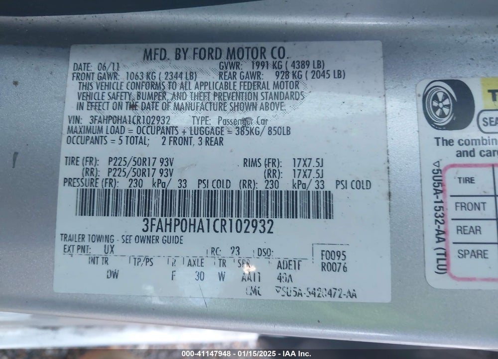 2012 FORD FUSION VIN: 3FAHP0HA1CR102932