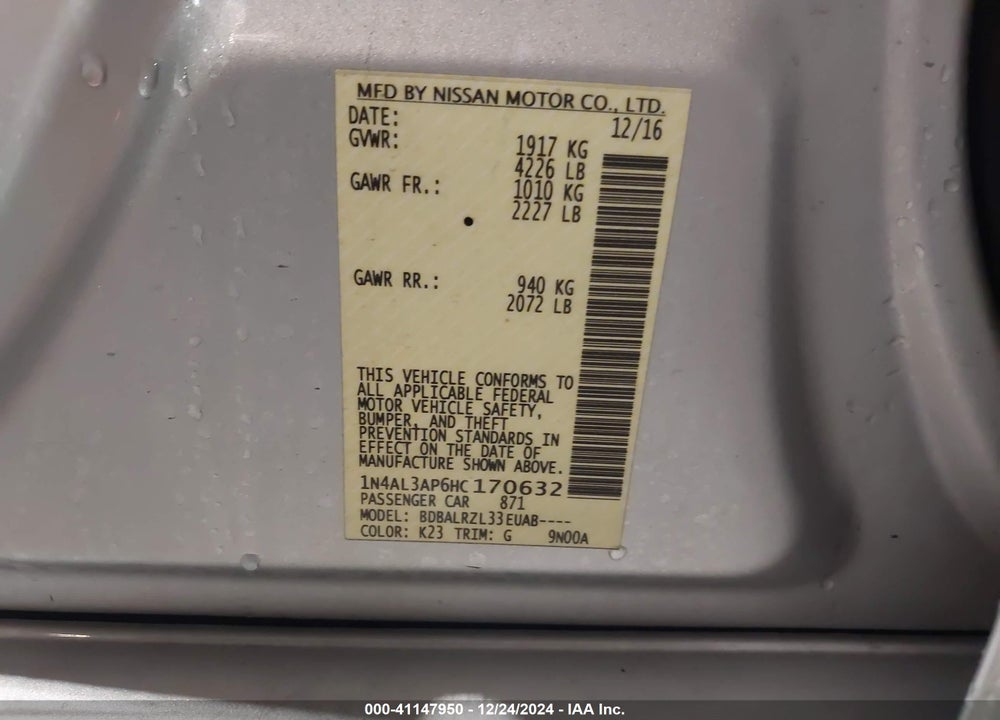2017 NISSAN ALTIMA VIN: 1N4AL3AP6HC170632