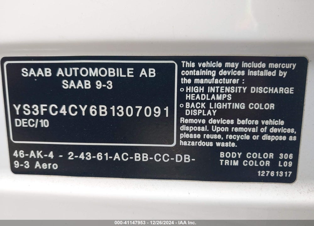 2011 SAAB 9-3 AERO VIN: YS3FC4CY6B1307091