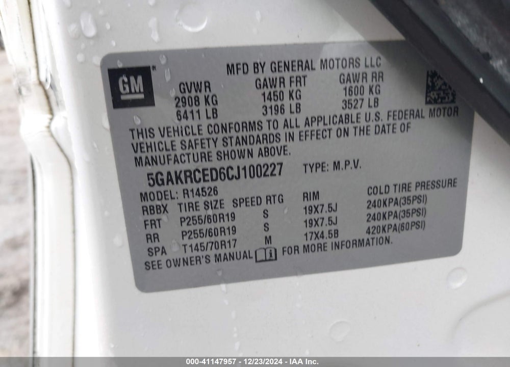 2012 BUICK ENCLAVE LEATHER VIN: 5GAKRCED6CJ100227