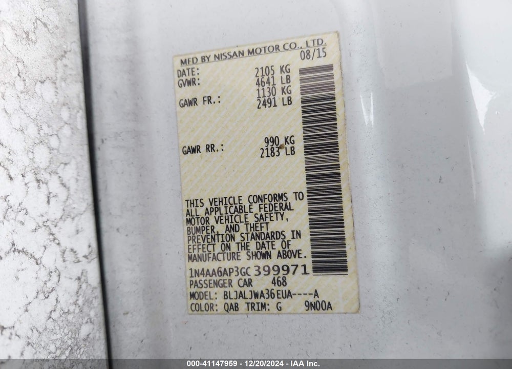 2016 NISSAN MAXIMA 3.5 SV VIN: 1N4AA6AP3GC399971