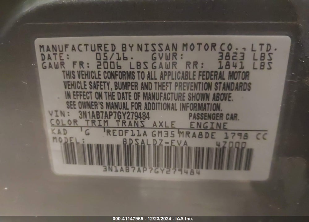 2016 NISSAN SENTRA SV VIN: 3N1AB7AP7GY279484