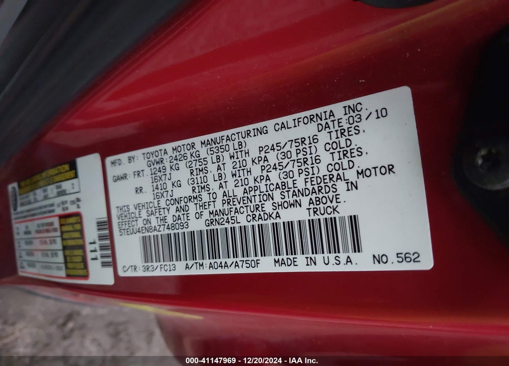 2010 TOYOTA TACOMA BASE V6 VIN: 5TEUU4EN8AZ748093