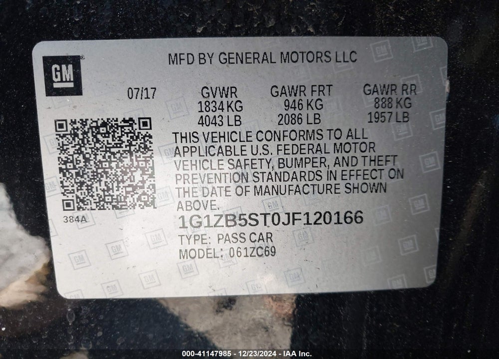 2018 CHEVROLET MALIBU 1LS VIN: 1G1ZB5ST0JF120166