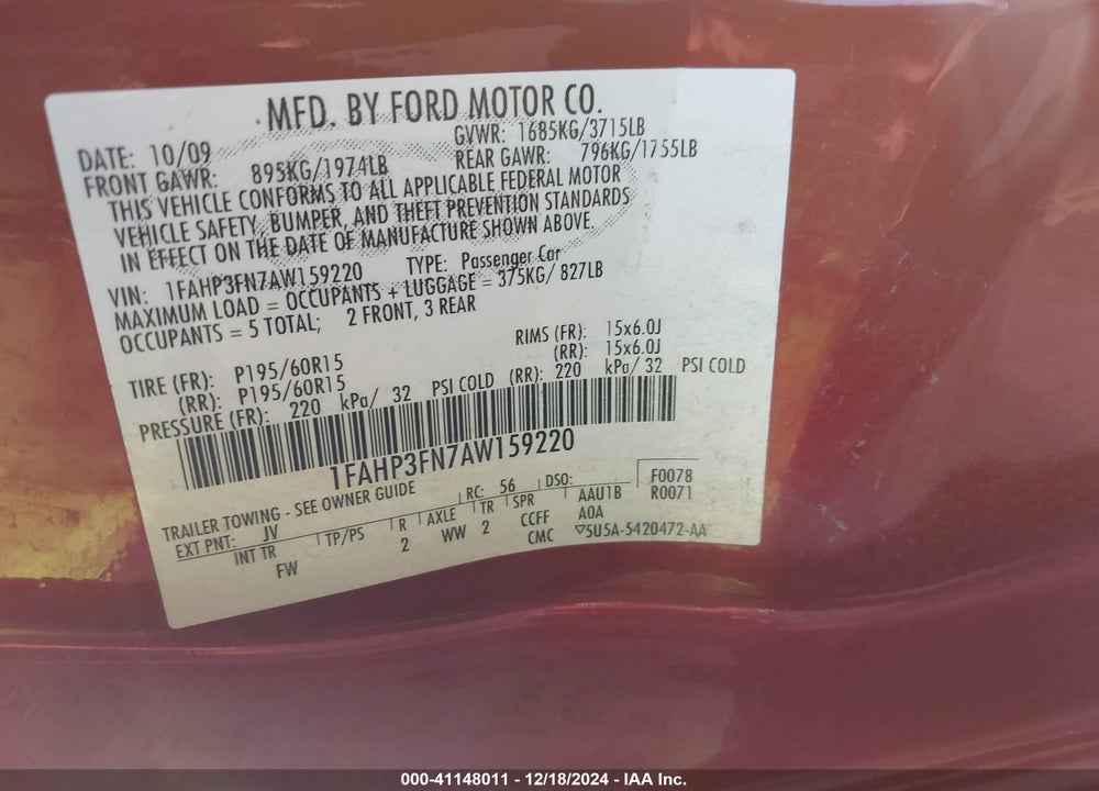2010 FORD FOCUS SE VIN: 1FAHP3FN7AW159220