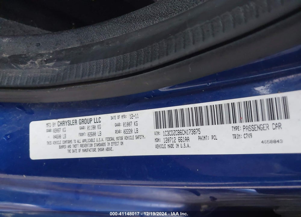 2012 DODGE AVENGER SXT VIN: 1C3CDZCB6CN173875
