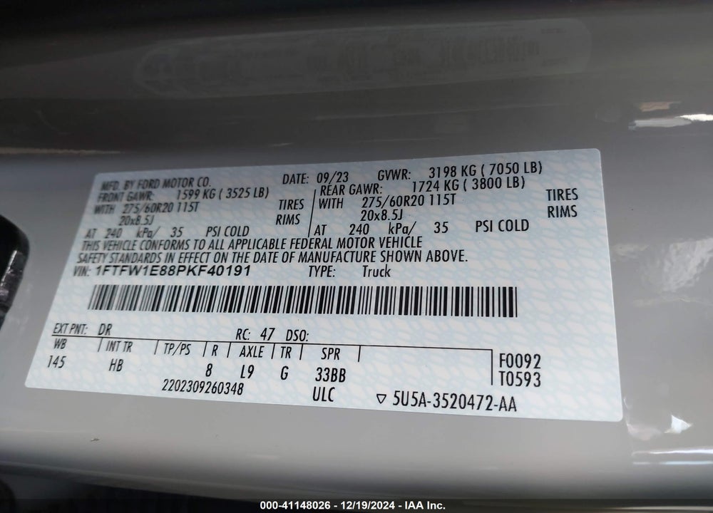 2023 FORD F150 VIN: 1FTFW1E88PKF40191