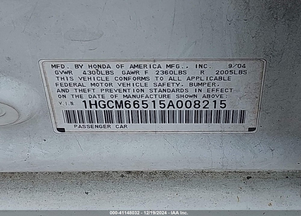2005 HONDA ACCORD 3.0 EX VIN: 1HGCM66515A008215