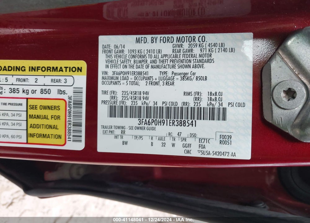 2014 FORD FUSION SE VIN: 3FA6P0H91ER388541