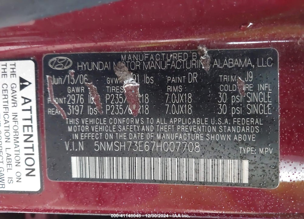 2007 HYUNDAI SANTA FE LIMITED/SE VIN: 5NMSH73E67H007708