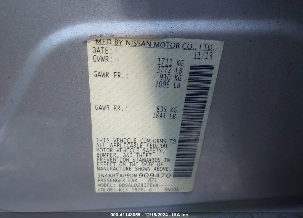 2013 NISSAN SENTRA SV VIN: 1N4AB7AP9DN909470