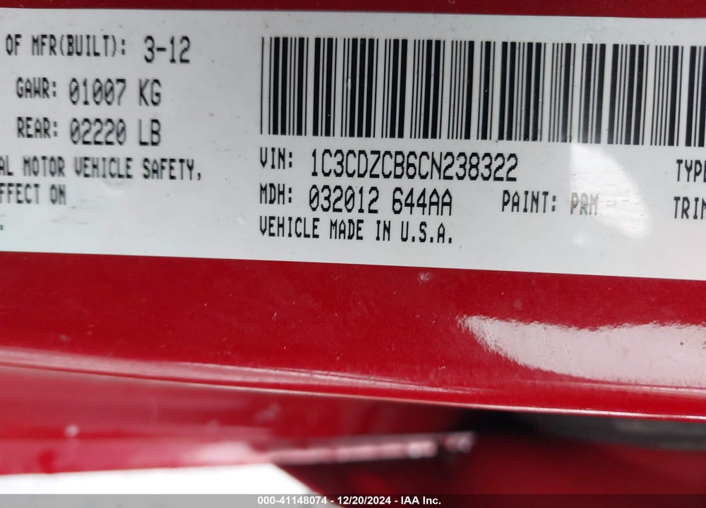 2012 DODGE AVENGER SXT VIN: 1C3CDZCB6CN238322