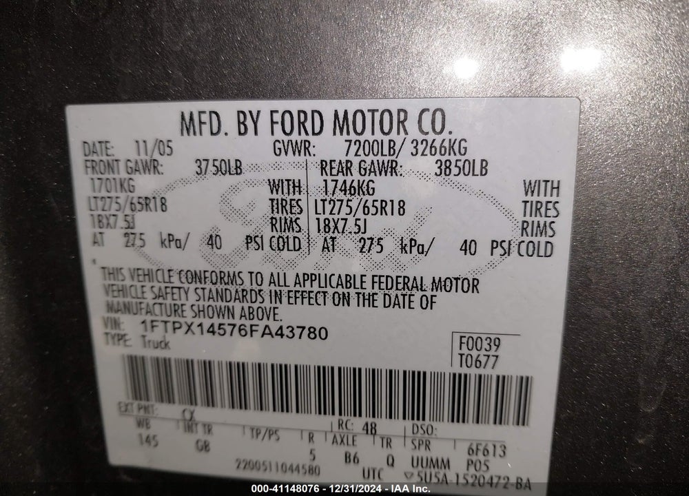 2006 FORD F-150 FX4/LARIAT/XL/XLT VIN: 1FTPX14576FA43780