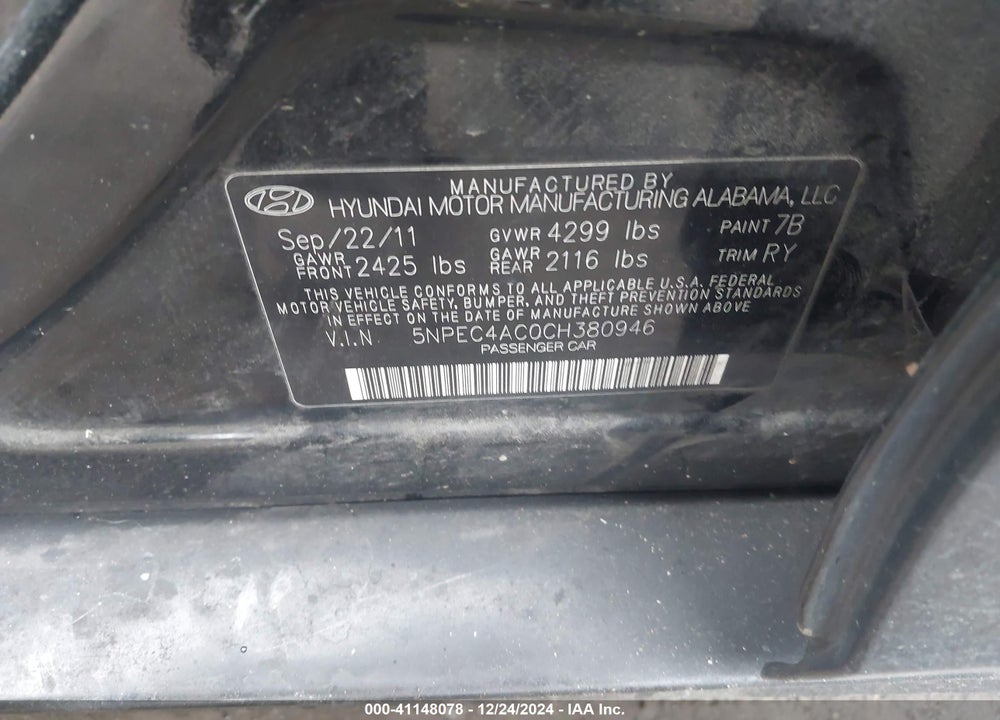 2012 HYUNDAI SONATA SE VIN: 5NPEC4AC0CH380946