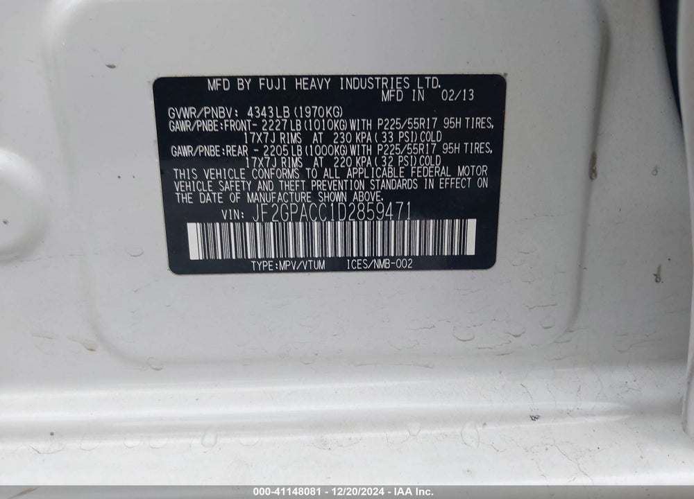 2013 SUBARU XV CROSSTREK 2.0I PREMIUM VIN: JF2GPACC1D2859471