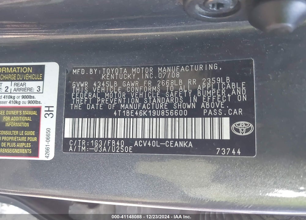 2009 TOYOTA CAMRY LE VIN: 4T1BE46K19U856600