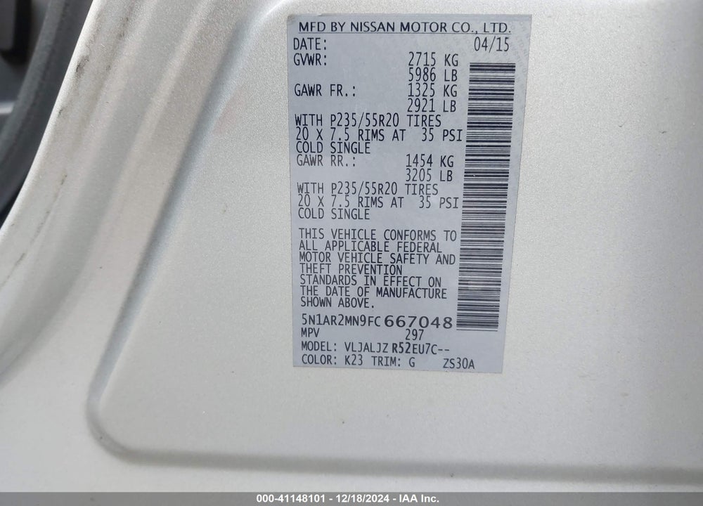 2015 NISSAN PATHFINDER PLATINUM VIN: 5N1AR2MN9FC667048