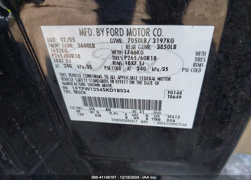 2005 FORD F-150 LARIAT/XLT VIN: 1FTPW12545KD18534