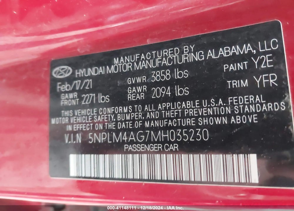 2021 HYUNDAI ELANTRA VIN: 5NPLM4AG7MH035230