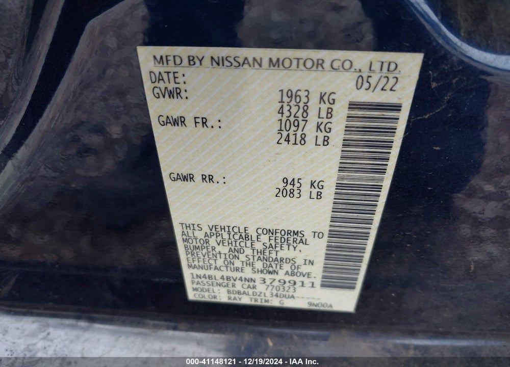 2022 NISSAN ALTIMA VIN: 1N4BL4BV4NN379911