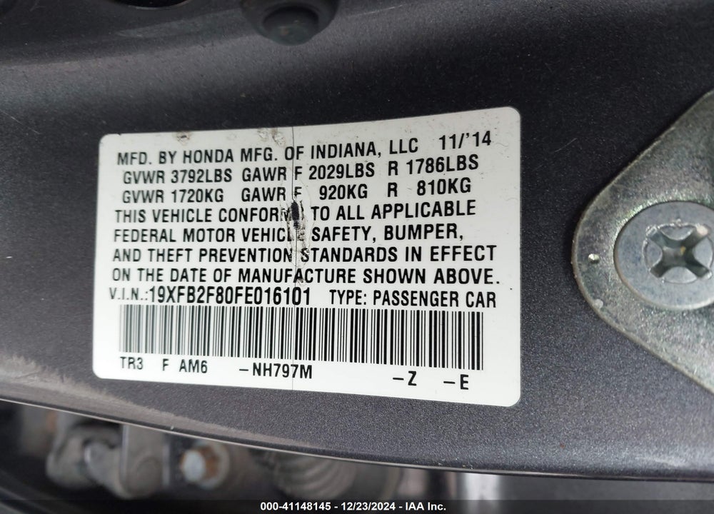 2015 HONDA CIVIC EX VIN: 19XFB2F80FE016101