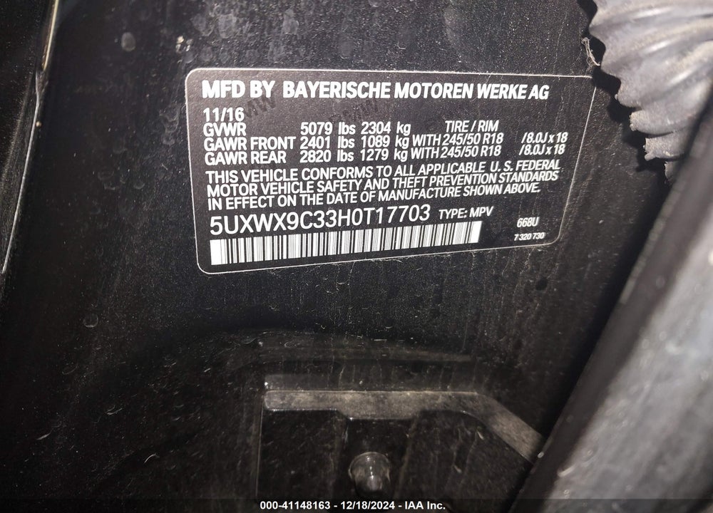 2017 BMW X3 XDRIVE28I VIN: 5UXWX9C33H0T17703