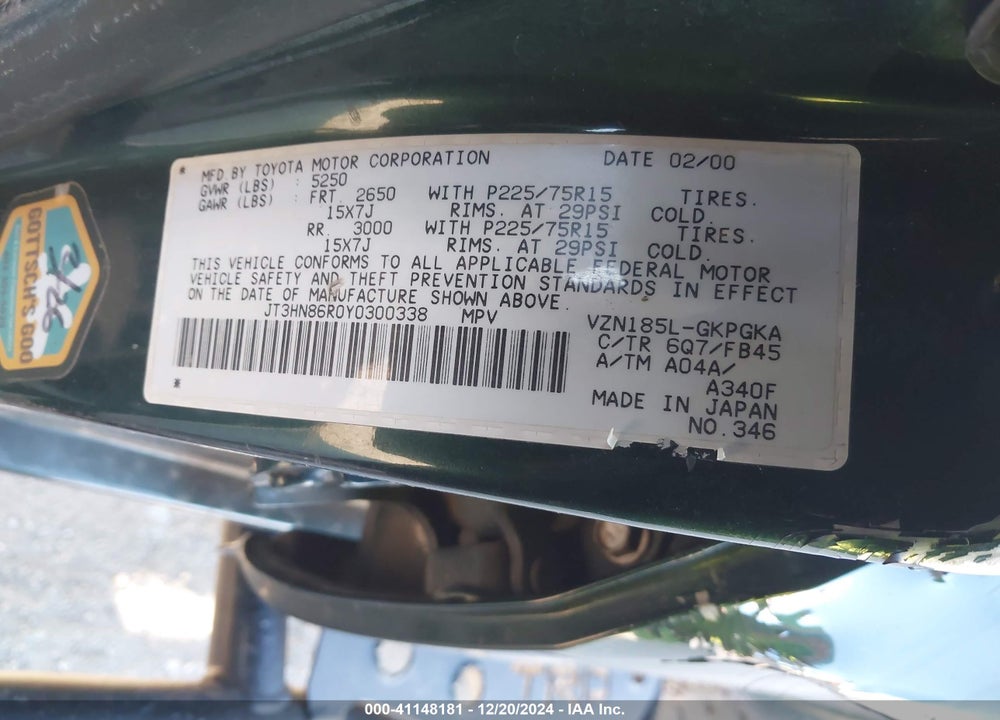 2000 TOYOTA 4RUNNER SR5 V6 VIN: JT3HN86R0Y0300338