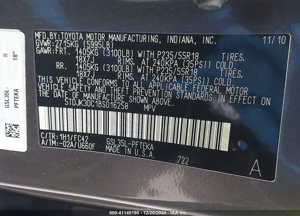 2011 TOYOTA SIENNA LE VIN: 5TDJK3DC1BS016258