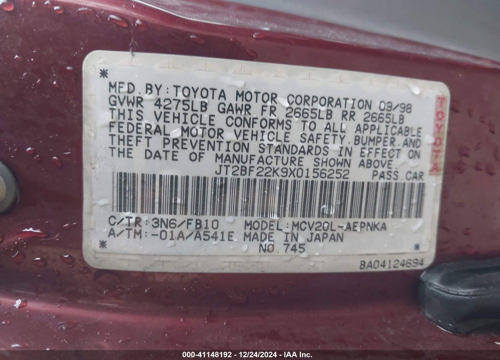 1999 TOYOTA CAMRY LE V6 VIN: JT2BF22K9X0156252